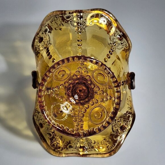 Depression Yellow Glass Circle Dot Design Red Jewels Gold Gilting Mid Century - Picture 4 of 12